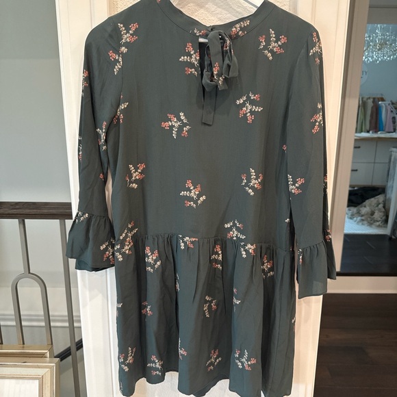 Madewell Green Floral Tiered Mini Dress with Tie Neck | Size S - Picture 2 of 4